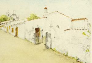 PORTUGUESE SCHOOL,Whitewashed patio with dogs at the gate, Almancil,1982,Adams IE 2008-06-17