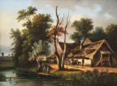 POSTELLE E 1800-1800,Paisagem - casa, figuras e animais junto a rio,1847,Cabral Moncada 2010-11-15
