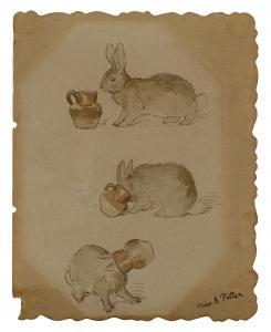 POTTER Helen Beatrix,bunny rabbit with a stoneware jug (page from an au,Rosebery's 2023-09-12