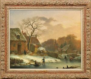 POUWELSEN Martinus 1806-1891,Winterlandschaft mit verschneitem Dorf im Abendrot,Schloss 2016-04-23