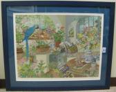 POWELL john 1900,garden room with colorful blue parrot on perch.,O'Gallerie US 2007-10-24