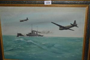 POWELL W 1920,Maritime scene with battleship and aircraft above,Lawrences of Bletchingley 2017-03-14