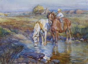 POWER Harold Septimus 1878-1951,Two work horses at a stream,Gorringes GB 2023-09-11