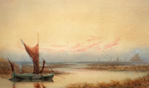 POYNTER S.W,Estuary with sailing vessels at sunset,1881,Mallams GB 2013-10-02