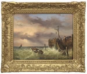 POZZI Pompeo 1817-1880,Ruderboote mit Fischern in der Brandung vor einem Kai,Schloss DE 2019-05-12