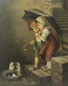 Pralke Peter,Children under an Umbrella with Kittens,20th century,David Duggleby Limited 2017-09-15