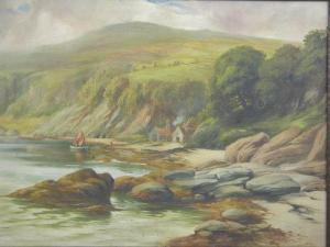PRETTY george 1850-1920,Quiet cove with fishermans boathouses and distant ,Peter Francis 2010-07-20