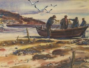 PRICE Raymon A 1901-1957,Figures near fishing boat,John Moran Auctioneers US 2019-01-13