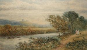 PRIDE Samuel,Figures and Dog in River Landscape, Castle Ruins to Distance,1875,Keys GB 2013-10-04