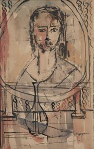 Pritchard Gwilym 1931-2015,Portrait of a woman by a table with a vase,Rosebery's GB 2023-11-29