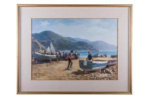 PRIVITERA ANTONIO 1940,Scorcio di costiera con barche e figure,Dams Casa d'Aste IT 2020-07-17