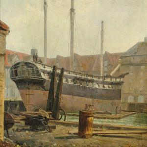 PROMMEL Julius,View from Christianshavn with a ship on a building,1833,Bruun Rasmussen 2014-11-25