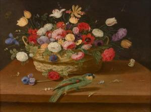 PSEUDO VAN KESSEL,Panier de fleurs et perroquet sur un entablement,17th-18th century,Artcurial | Briest - Poulain - F. Tajan 2021-11-09