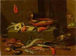 PSEUDO VAN KESSEL 1600-1600,Still life of assorted fish on a stone ledge with ,Sotheby's 2022-10-21