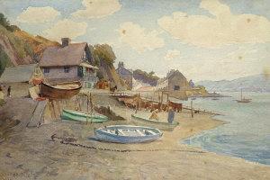 PUGHE Buddig Anwylini,Dinghies on a beach with a tranquilharbour village,1918,Rosebery's 2010-11-02