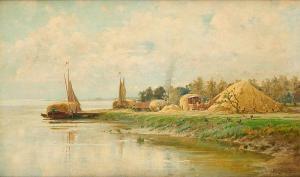 PULINCKX Louis 1843-1910,Le chargement des barges de lin,Horta BE 2022-09-05