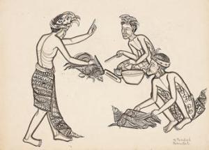 PUNDUH WAYAN 1923-1990,Three Men Having a Cock Fight,1938,Borobudur ID 2011-10-22