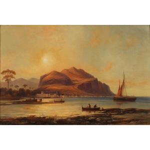 PUTTNER Josef Carl Berthold 1821-1881,Veduta di Monte Pellegrino con barche di pesca,Galleria Sarno 2023-11-24