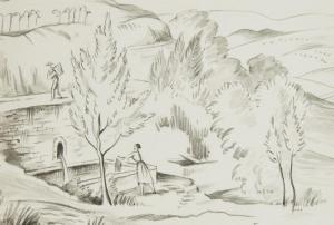 PYM Rowland 1910-2006,Landscape with two figures,Rosebery's GB 2022-10-11