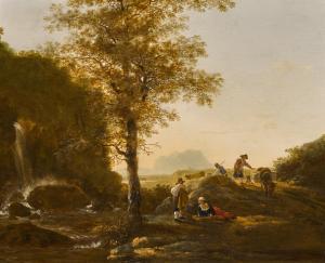PYNACKER Adam 1622-1673,Landscape with travelers on a road near a waterfall,Sotheby's GB 2023-04-05