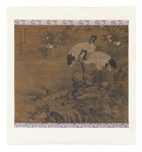 QUAN SHEN,two cranes standing on rockwork under a peach tree,1682,Uppsala Auction 2023-12-12