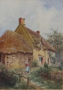 QUATREMAINE William Wells 1857-1930,A lady feeding chickens by her cottage,Cheffins GB 2023-02-09
