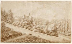 RÖSEL Johann Gottlob Sam,Landschaft mit Burg u. kleineren Gebäuden sowie Vi,Leipzig 2016-04-30