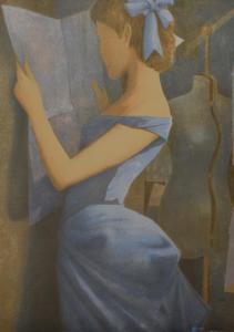 RAAB Oliver 1955,Standing Female in a Blue Dress Reading,Rowley Fine Art Auctioneers GB 2022-03-12