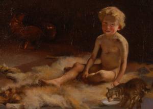 RAE Cecil W 1861-1935,Young boy with cat on a fur rug,1891,Burstow and Hewett GB 2009-02-25