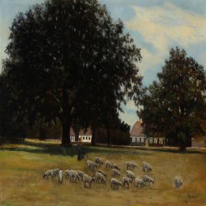 RAEDEL S 1800-1900,Grazing sheep near a white farm,1912,Bruun Rasmussen DK 2011-07-04