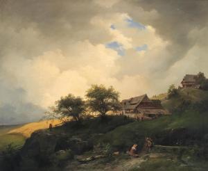 RAFFALT Ignaz,A landscape with peasant huts near a cornfield,1850,Palais Dorotheum 2024-02-21