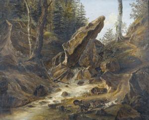 RAHN HIRZEL EDUARD 1801-1851,Bachbett im Wald mit Hundemeute.,Dobiaschofsky CH 2009-05-13