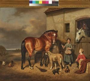 RANDEL Friedrich 1808-1886,Children in front of the horse stable,1860,Neumeister DE 2022-09-28