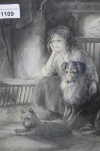 RANKIN Andrew Scott 1868-1942,young lady with dogs by a fire,Lawrences of Bletchingley GB 2022-09-06