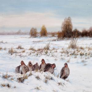 RASENBERGER Gernot 1943,Grey Partridges in the snow,Bruun Rasmussen DK 2011-05-30