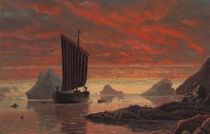 RASMUSSEN Jens Erik Carl 1841-1893,Evening sky over a viking ship on calm seas,1881,Bruun Rasmussen 2023-09-18