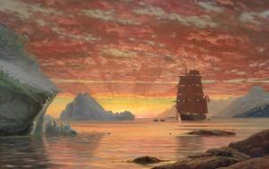 RASMUSSEN Jens Erik Carl 1841-1893,“Sommeraften ved den Grønlandske kyst. Skib,1885,Bruun Rasmussen 2023-06-14