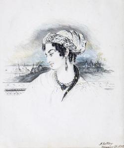 RATTRAY James 1818-1854,Bust profile portrait of an Afghan lady, with city,Dreweatts GB 2014-07-24