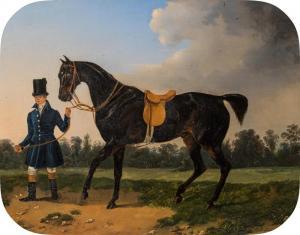 RAUCH Ferdinand 1813-1852,SADDLED BLACK HORSE BEING PARADED,1834,im Kinsky Auktionshaus 2023-06-20