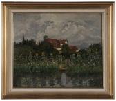 RAUDNER Robert 1854-1915,Town and Garden with Sunflowers by a Pond,1894,Brunk Auctions US 2015-11-06