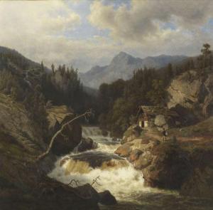 RAUSCH Leonhard 1813-1895,Gebirgslandschaft mit Jägersmann am tosenden Fluss,Ketterer DE 2014-05-24