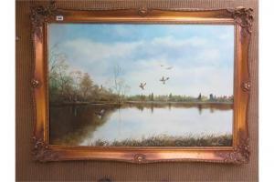 RAYNER Gary 1946,Lake scene with ducks landing,Willingham GB 2015-11-07