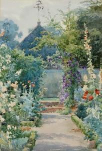 REASON Florence 1800-1900,A floral lined pathway with hollyhocks,Mallams GB 2012-03-09