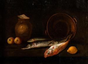 RECCO Giovan Battista 1615-1660,Pesci, frutti e vasellame su un tavolo da cucina,Finarte 2022-05-31