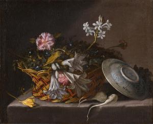 RECCO Giovan Battista,Still life of flowers in a wicker basket, with a D,Sotheby's 2021-12-16