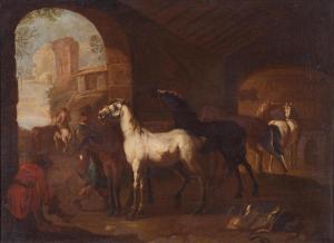 REDER Giovanni 1693-1765,Nella stalla e Stallieri con cavalli presso un pon,Blindarte IT 2019-11-30
