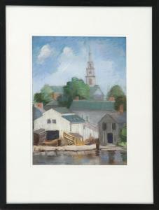 REED MEYERSAHM Exene 1886-1978,Seaside town with boathouses and a church,Eldred's US 2016-03-19