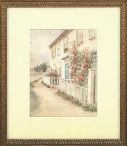 REID Jane Brewster 1862-1966,Nantucket lane with houses, roses, and a white fen,Eldred's 2018-09-21