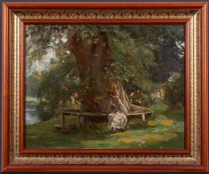 REID Robert Payton 1859-1945,A lady on a tree seat looking towards a l,Bearnes Hampton & Littlewood 2024-01-16