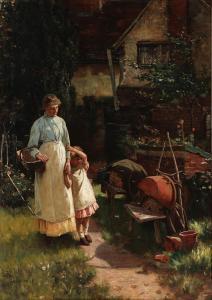 REID Robert Payton,A woman and a child standing in a sunny farm yard,Bruun Rasmussen 2024-10-07